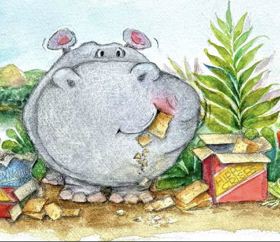Happy hippo eating snacks outdoors.
