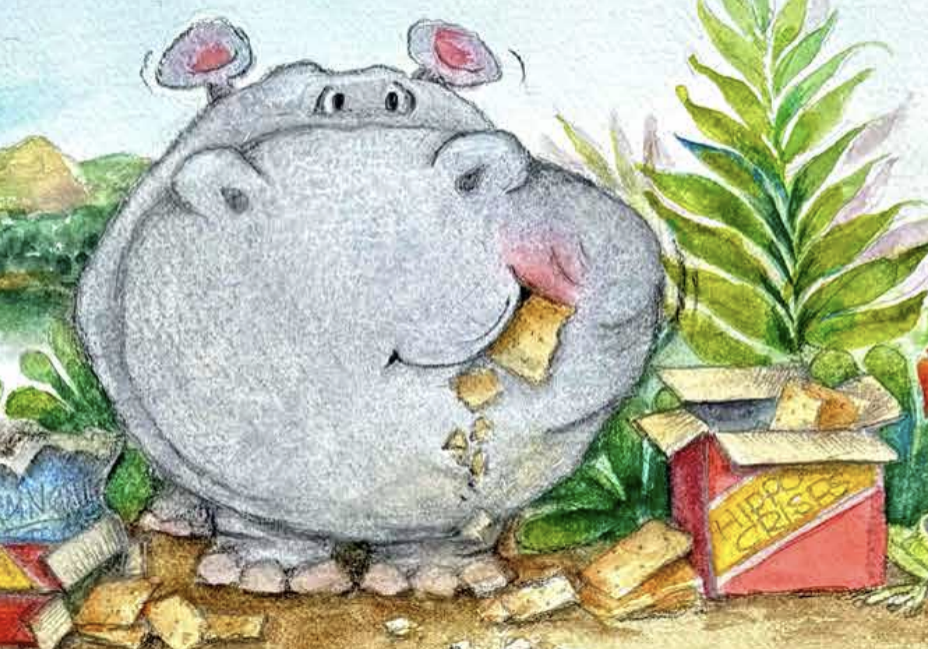 Happy hippo eating snacks outdoors.